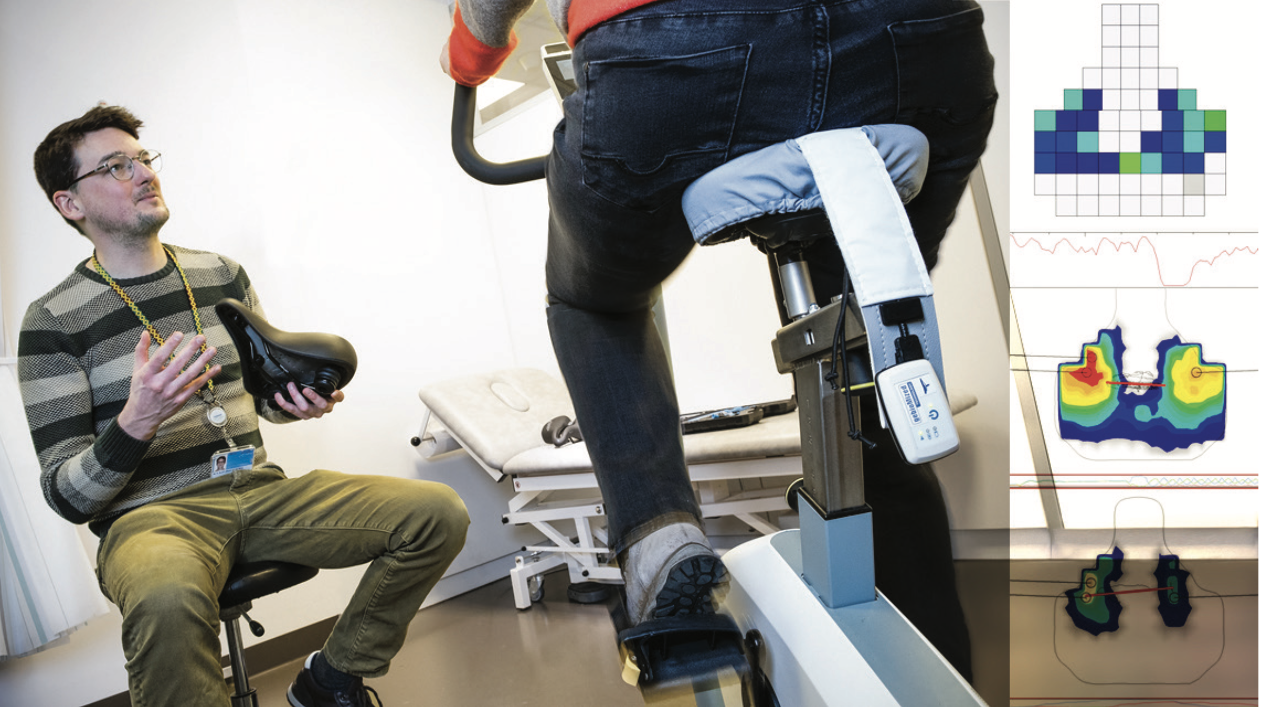 Figure 3: Un participant au Fietsproeftuin teste l’une des selles. La selle est recouverte d’une housse intelligente qui enregistre la répartition de la pression sur la surface d’assise.